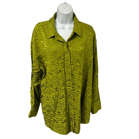Rachel Zoe Women XL Green Shirt Button Coquette Preppy Metallic Artsy Colorful - Picture 1 of 12